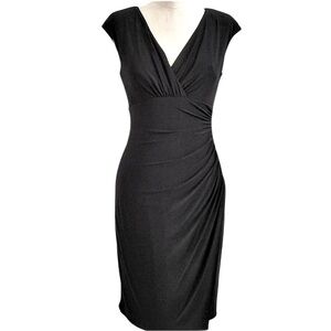 American Living Black Sleeveless Fitted V Neck Gathered Stretch Dress